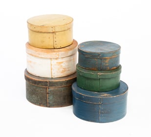 SIX PAINTED BENT WOOD PANTRY BOXES.