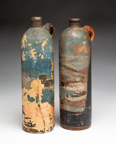 PAIR OF PAINTED STONEWARE WATER BOTTLES.