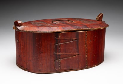 GRAIN PAINTED BENTWOOD PINE BOX WITH INITIALS AND DATE.