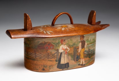 SMALL DECORATED BENTWOOD BOX OR CARRIER.