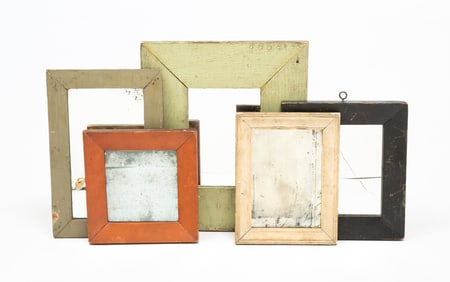 FIVE MIRRORS WITH PAINTED FRAMES.