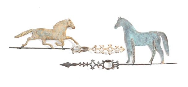 TWO FIGURAL LIGHTNING ROD DIRECTIONALS WITH HORSES.