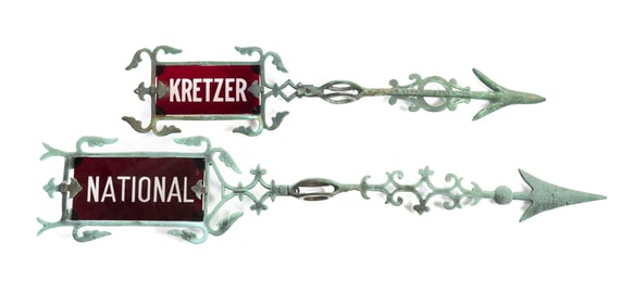 TWO LIGHTNING ROD DIRECTIONALS WITH ETCHED GLASS INSERTS.