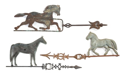THREE FIGURAL LIGHTNING ROD DIRECTIONALS WITH HORSES.