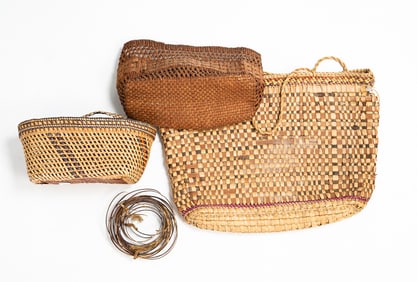 THREE NORTHWEST COAST NATIVE AMERICAN BASKET BAGS.
