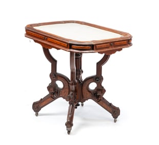 VICTORIAN PARLOR TABLE WITH MARBLE TOP.