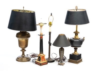 FIVE TABLE LAMPS.