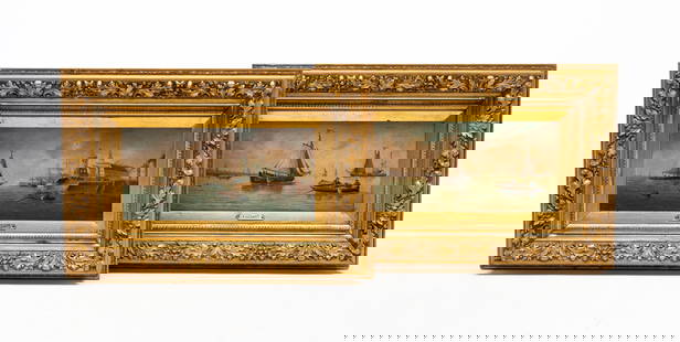PAIR OF SEASCAPES ATTRIBUTED TO PIERRE JULIEN GILBERT (1783-1860).: France, 19th Century. Oil on board. Seascapes with sailboats and row bows amid the water. Signed. Sight 6.5"h. 13.5"w. In ornate frames with nameplates, 14.75"h. 21.75"h.