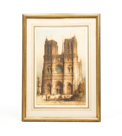 ETCHING OF NOTRE DAME CATHEDRAL BY J. ALPHEGE BREWER (1881-1946).