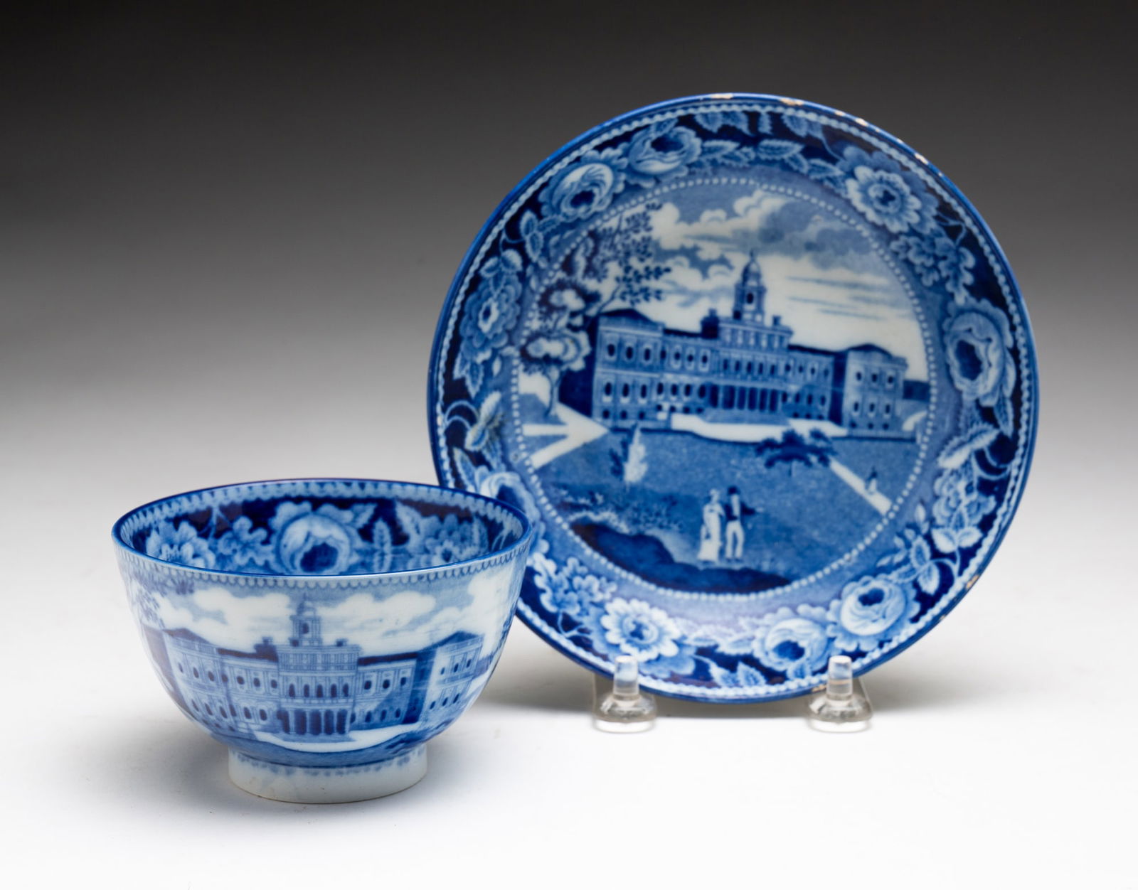 HISTORICAL BLUE STAFFORDSHIRE CUP AND SAUCER. (1 of 4)