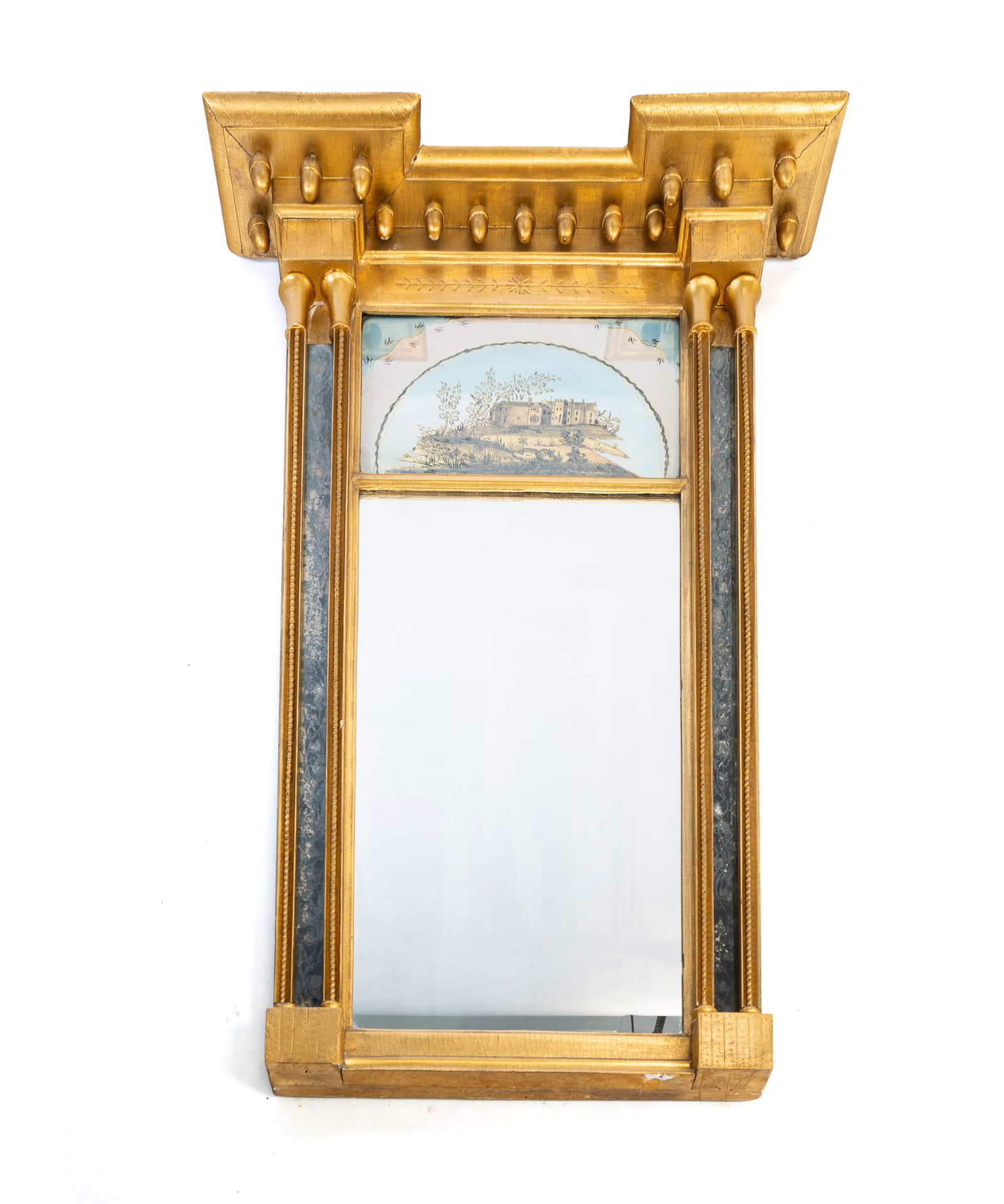 REVERSE PAINTED MIRROR IN GOLD PAINTED WOOD FRAME. (1 of 3)
