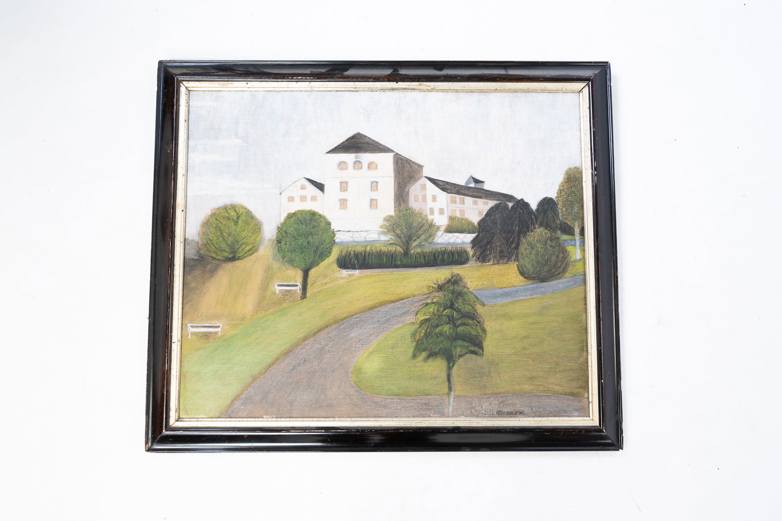 OIL PAINTING OF AN ESTATE.: American, circa 1900. Oil on canvas of white buildings and a garden with trees and benches, signed "S.S. Norgran" lower right. Sight, 19.25"h. 23.75"w. In wood frame, 23.25"h. 27.75"w.From the collect