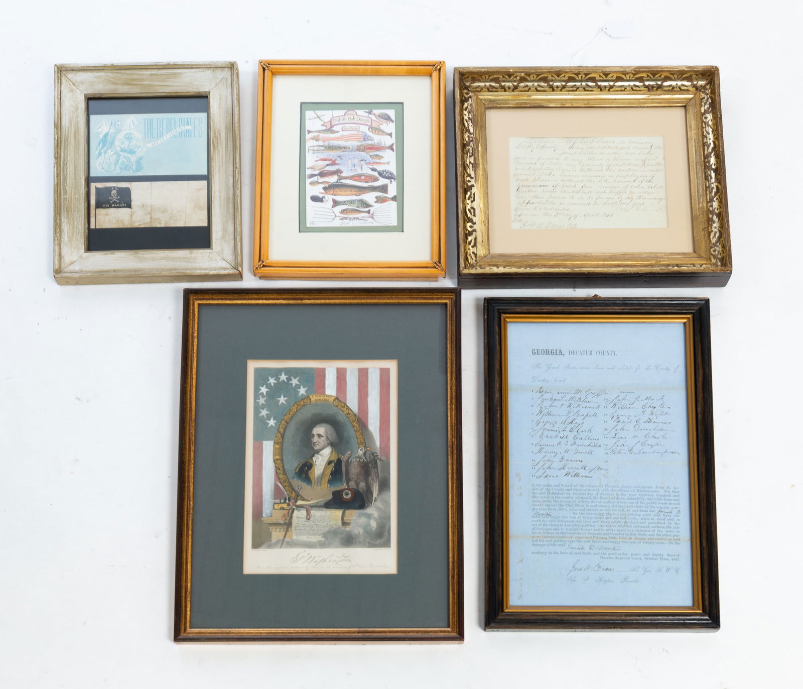 FIVE FRAMED EPHEMERA ITEMS. (1 of 6)