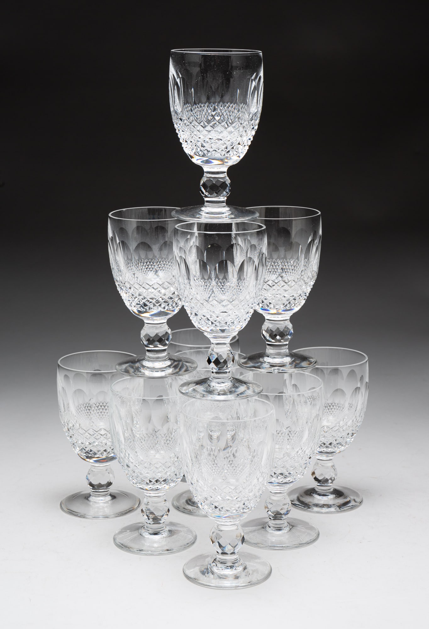 WATERFORD "COLLEEN" WHITE WINE GLASSES.: Ireland, 20th Century. Eleven glasses. Short stems. Acid etched mark. 4.8"h.
