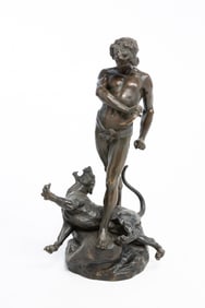 SLAYING THE LION BRONZE BY LOUIS ?LOYS? POTET (B. 1866).