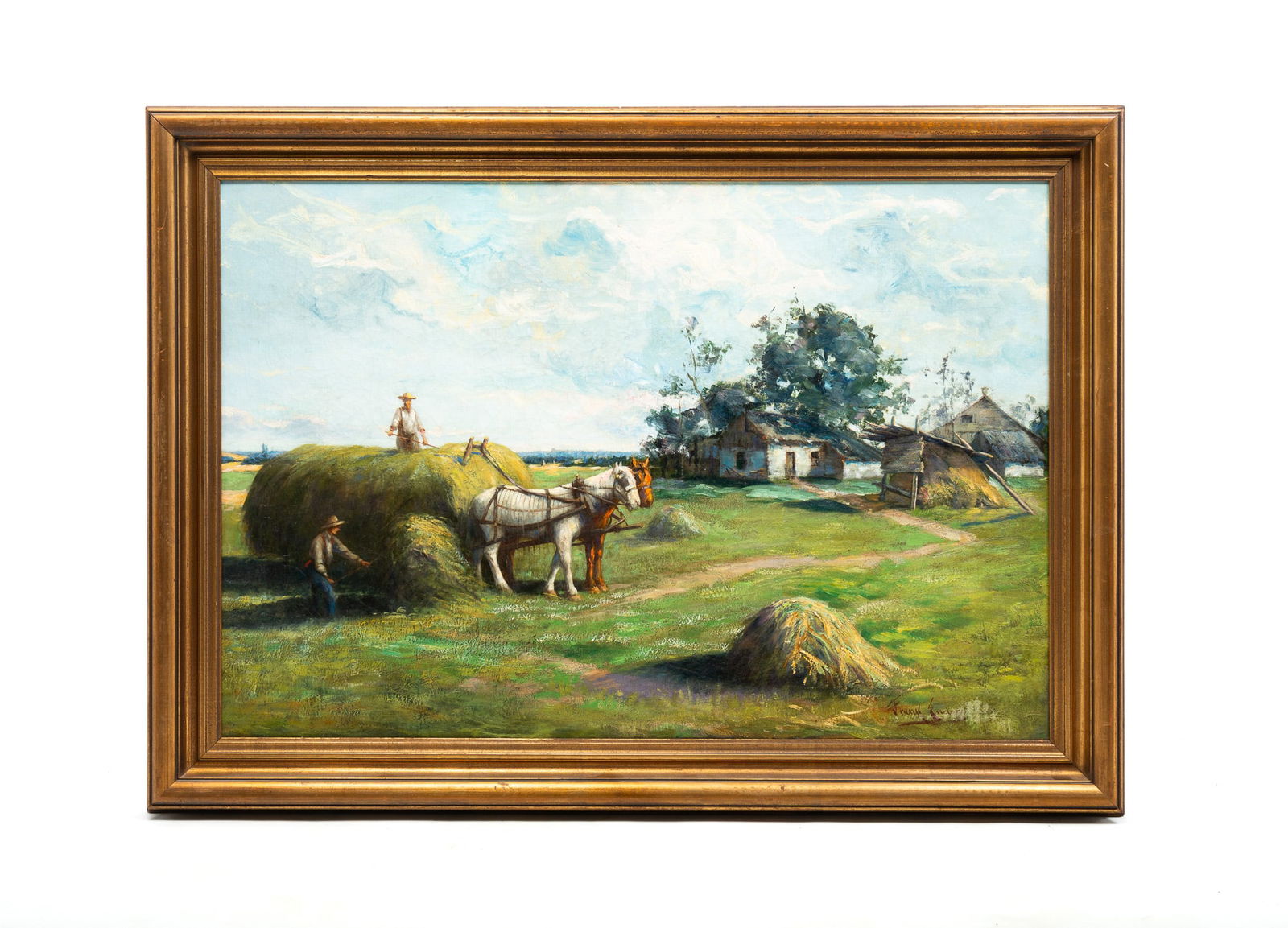"THE LAST LOAD" SIGNED FRANK ENDERS (1860-1921).: American (Milwaukee, Wisconsin), 19th and 20th Centuries. Oil on canvas. Farm scene with house, barn and men with with horse drawn wagon gathering hay. Signed lower right. On reverse is title and arti