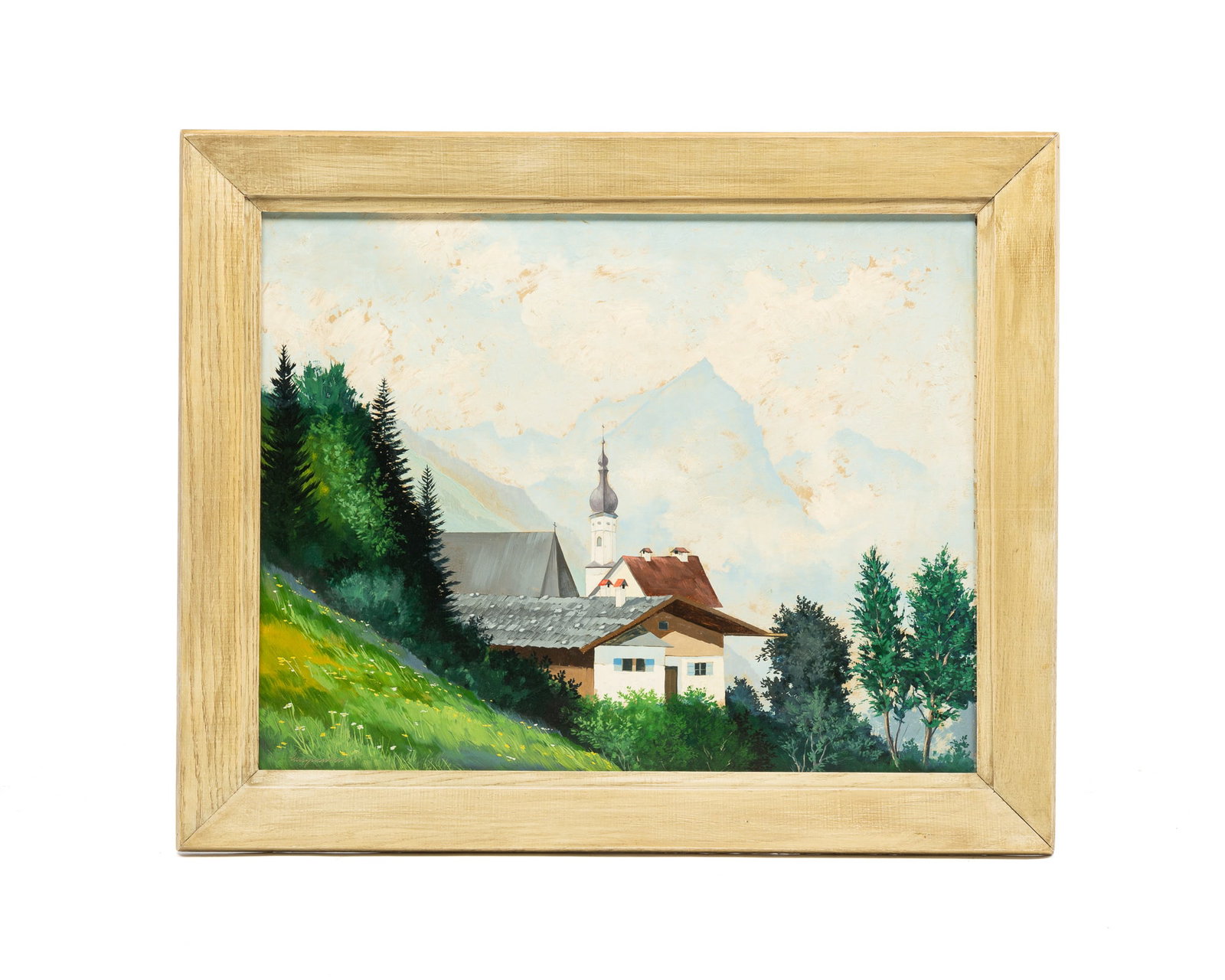 ALPINE MOUNTAINSCAPE ILLEGIBLY SIGNED.: European, 20th Century. Oil on masonite. Village with onion dome church spire on a snowy mountainous background. Signed lower left. 22"h. 25"w. Framed, 27.5"h. 33.5"w.