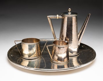DOMINICK AND HAFF THREE PIECE STERLING SILVER ART DECO COFFEE SERVICE WITH STERLING TRAY.