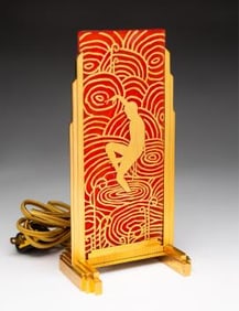 SCARCE GILT ART DECO FLAT PANEL GLASS LAMP BY DEVILBISS.