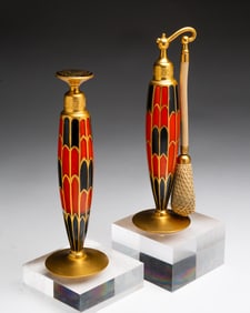 STRIKING ART DECO PERFUME ATOMIZER AND DAUBER SET BY DEVILBISS.