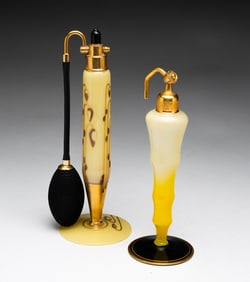 TWO ART GLASS PERFUME ATOMIZERS BY DEVILBISS.