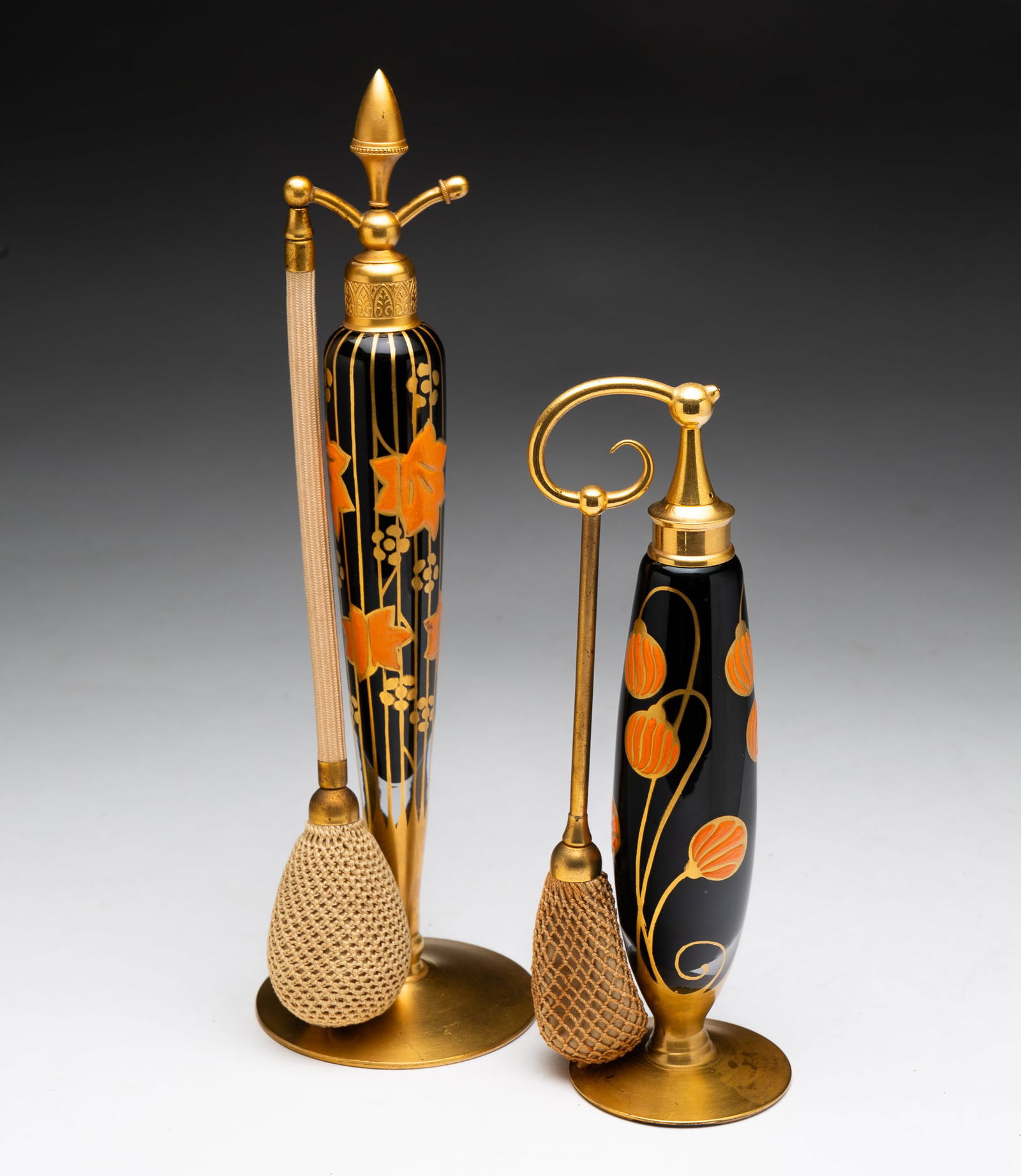 TWO DECORATED ART GLASS PERFUME ATOMIZERS SIGNED DEVILBISS. (1 of 5)