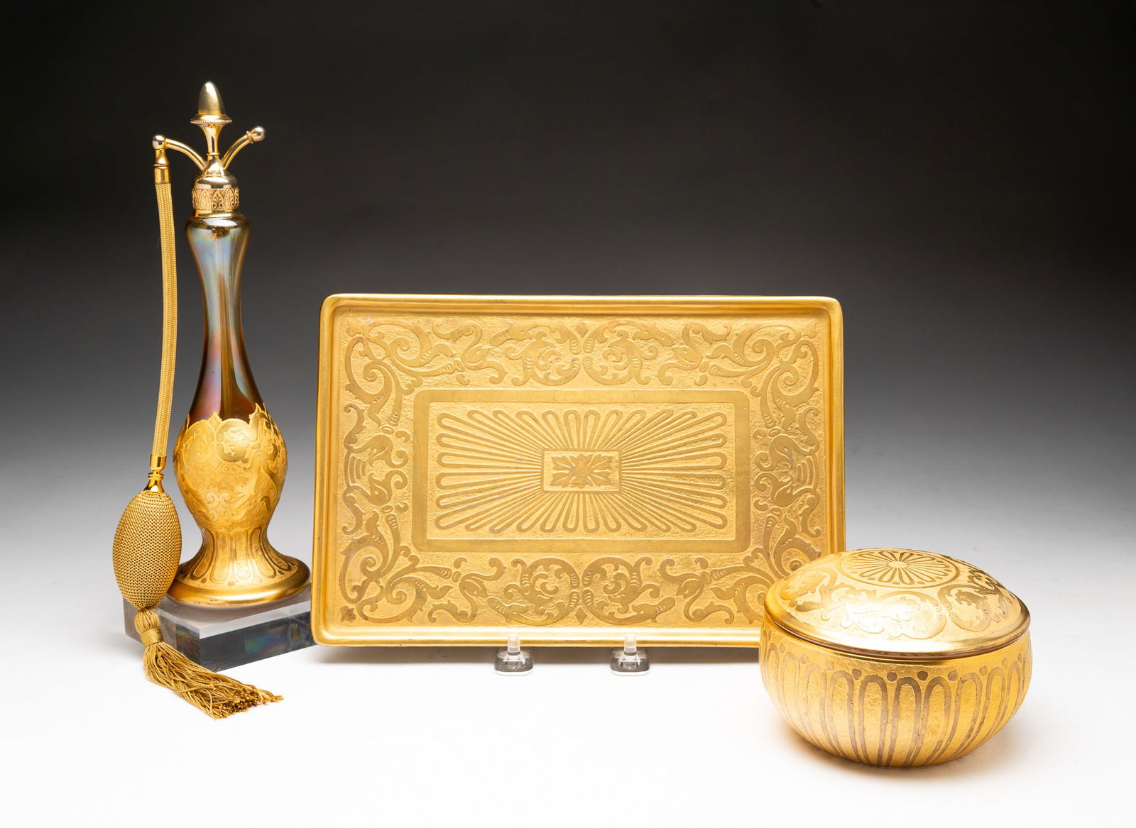 GILT ART DECO GLASS DRESSER SET BY DEVILBISS. (1 of 5)