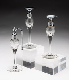 THREE PIECE ETCHED GLASS PERFUME ATOMIZER AND DAUBER SET BY DEVILBISS.