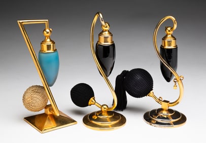 THREE HANGING ART GLASS PERFUME ATOMIZERS BY DEVILBISS.