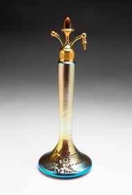 STEUBEN GOLD AURENE WHEEL CUT ART GLASS PERFUME ATOMIZER BY DEVILBISS.