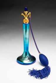STEUBEN BLUE AURENE ART GLASS PERFUME ATOMIZER BY DEVILBISS.