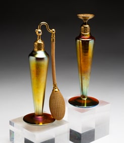 STEUBEN GOLD AURENE ART GLASS PERFUME ATOMIZER AND DAUBER SET BY DEVILBISS.