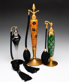 THREE ART GLASS PERFUME ATOMIZERS.