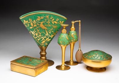 ART GLASS PERFUME ATOMIZER AND DAUBER, FAN VASE, POWDER, AND CIGARETTE BOX BY DEVILBISS.