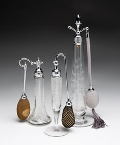 THREE ETCHED GLASS PERFUME ATOMIZERS BY DEVILBISS.