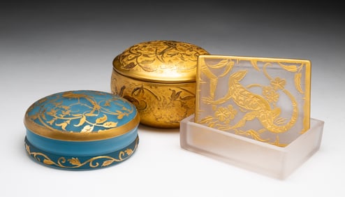 THREE GLASS DRESSER BOXES BY DEVILBISS.