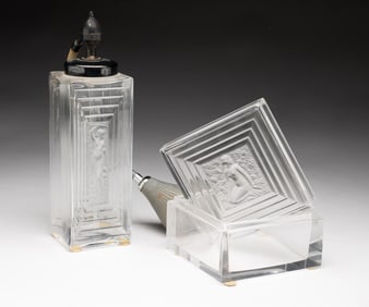 LALIQUE PERFUME BOTTLE AND LIDDED VANITY BOX.
