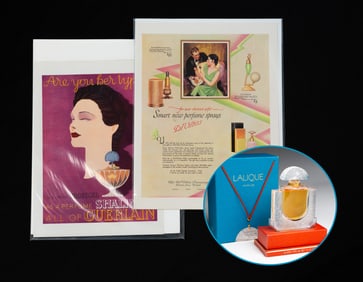 LALIQUE PARFUM IN BOX AND TWO PERFUME ADVERTISING POSTERS.