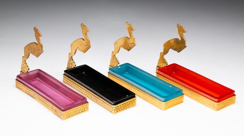 FOUR ART GLASS LEAPING GAZELLE TRAYS BY DEVILBISS.
