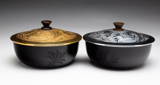 TWO ART GLASS LIDDED POWDER JARS.