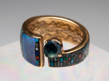 CARL & IRENE CLARK 14K YELLOW GOLD OPAL MOSAIC AND EMERALD RING, NAVAJO.