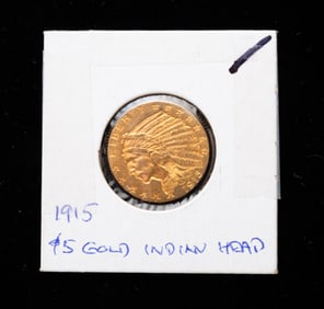 UNITED STATES 1915 $5 INDIAN HEAD / HALF EAGLE GOLD COIN.