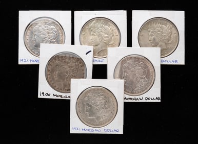 SIX MORGAN AND PEACE DOLLARS.