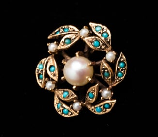 14K GOLD TURQUOISE AND PEARL BROOCH.