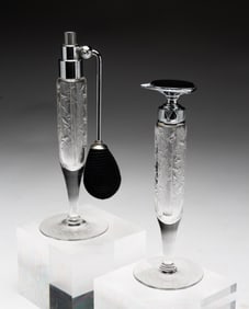 ETCHED GLASS PERFUME ATOMIZER AND DAUBER SET BY DEVILBISS.
