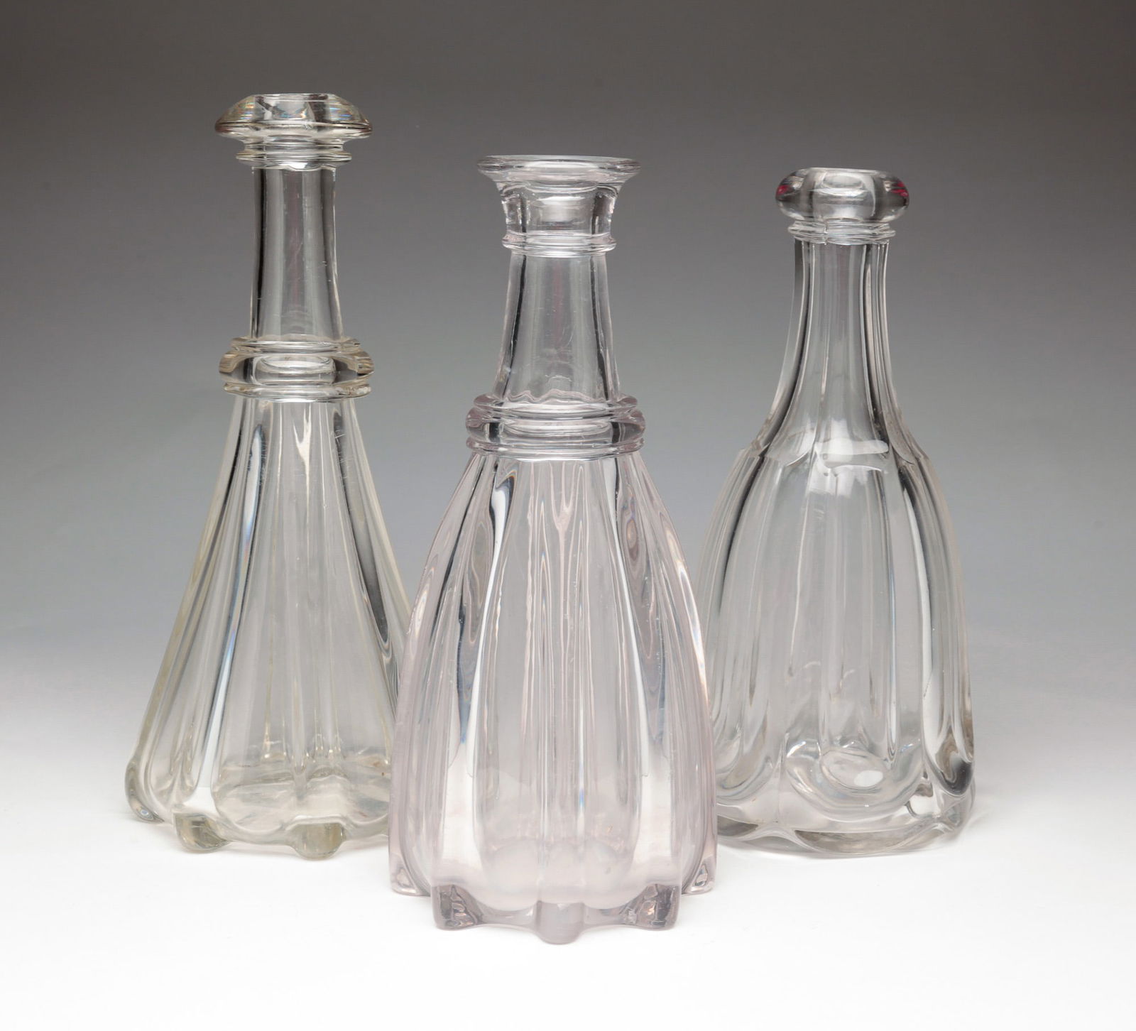 THREE BLOWN PITTSBURGH PILLAR MOLDED BAR BOTTLE / DECANTERS. (1 of 3)