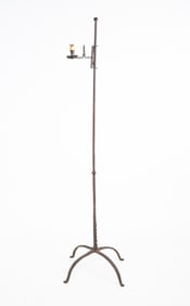 ADJUSTABLE WROUGHT IRON FLOOR RUSH LIGHT CANDLE HOLDER.