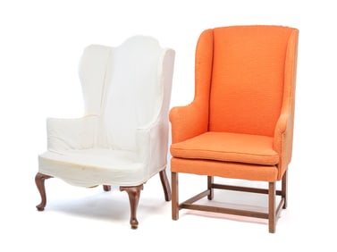 TWO PERIOD STYLE WINGBACK CHAIRS.