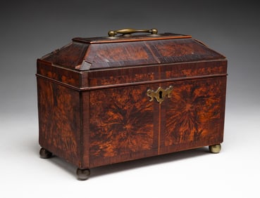 INLAID COFFER FORM TEA CADDY.