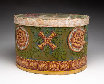 FINE GREEN WALLPAPER COVERED BAND BOX WITH ORIGINAL LABEL.